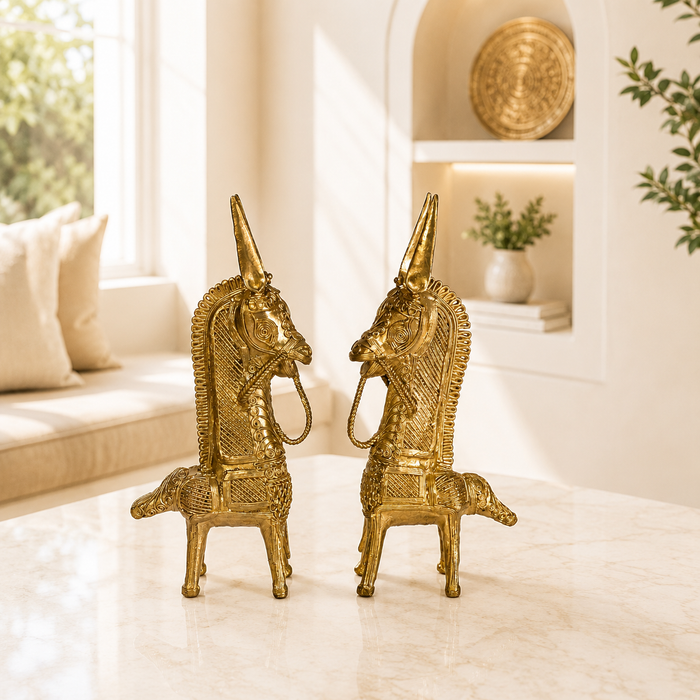 Brass Horse Dhokra Sculpture Set · 9 Inches