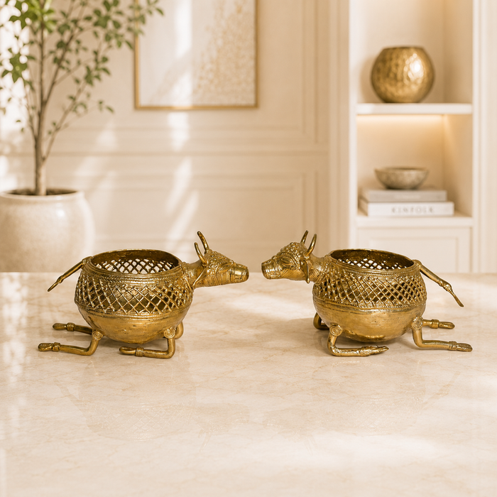 Dhokra Reclining Bull Pen Stands (Set of 2) · 3×6.5 Inches Each