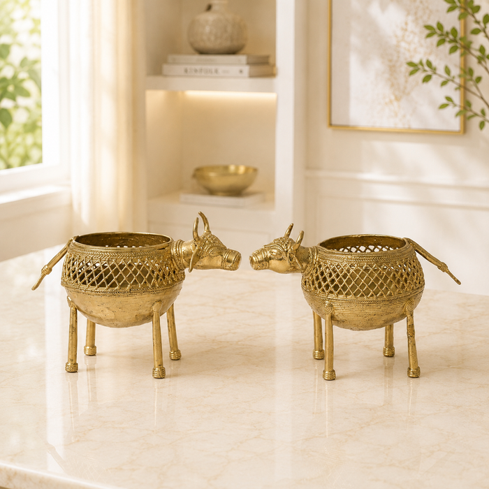 Dhokra Standing Bull Pen Stands (Set of 2) · 4.5×6.5 Inches Each