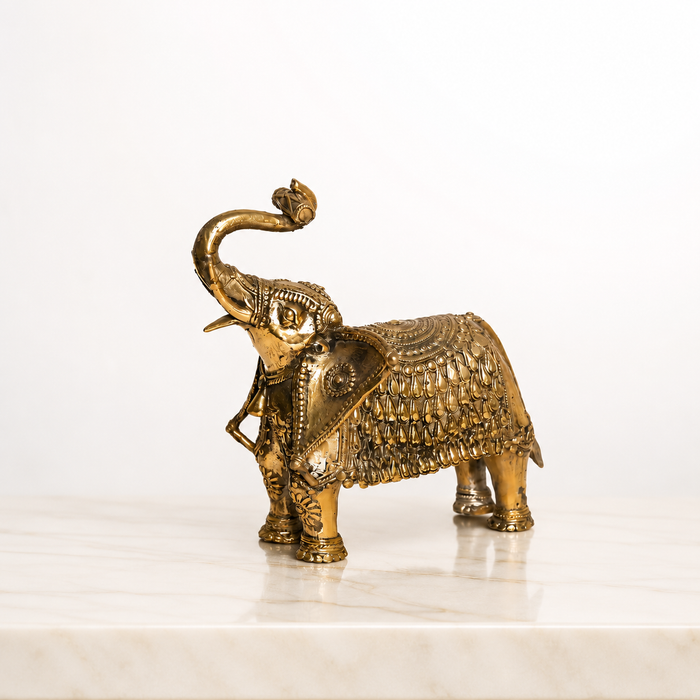 Brass Elephant Statue with Ceremonial Jhool · 9.5×7.5×6 Inches
