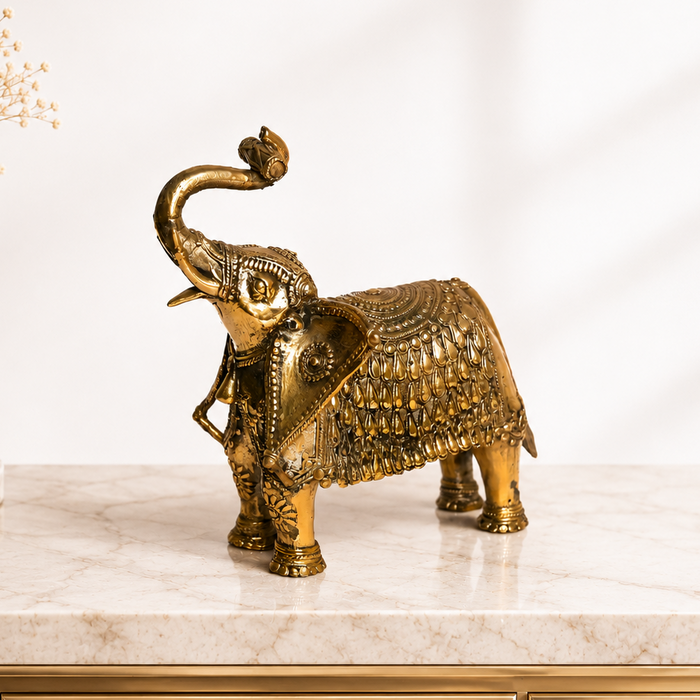 Brass Elephant Statue with Ceremonial Jhool · 9.5×7.5×6 Inches
