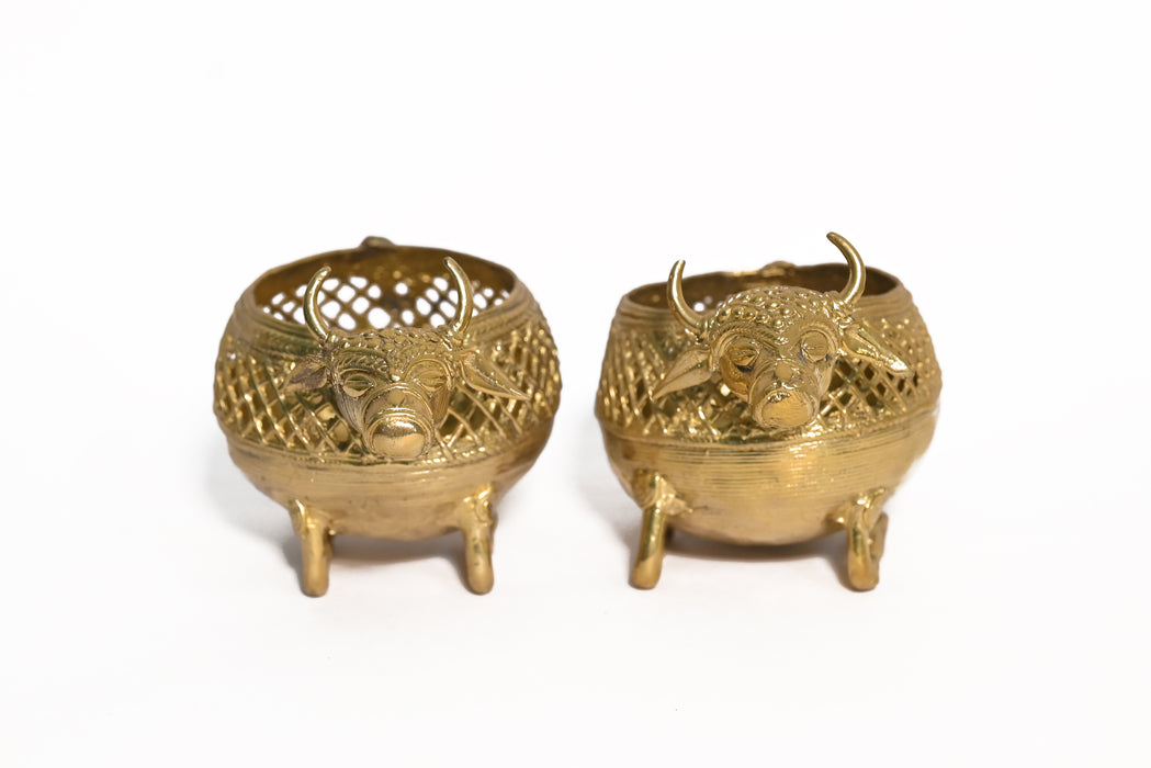 Dhokra Reclining Bull Pen Stands (Set of 2) · 3×6.5 Inches Each