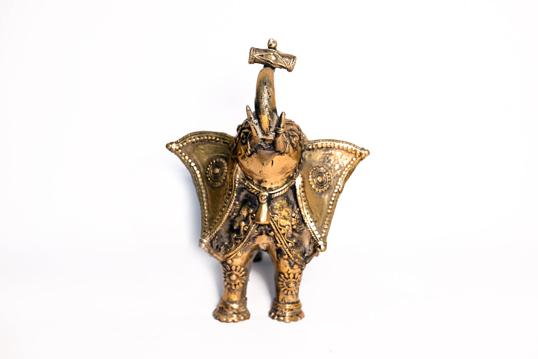 Brass Elephant Statue with Ceremonial Jhool · 9.5×7.5×6 Inches