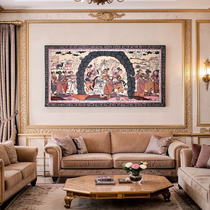 Krishna Gopi Vrindavan Pattachitra on Tussar Silk — Original Odisha Hand-Painted Bhakti Art | 21×42 Inches | Sacred Krishna Wall Art
