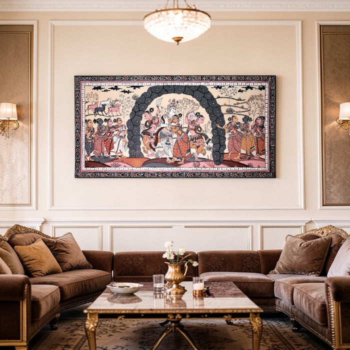 Krishna Gopi Vrindavan Pattachitra on Tussar Silk — Original Odisha Hand-Painted Bhakti Art | 21×42 Inches | Sacred Krishna Wall Art
