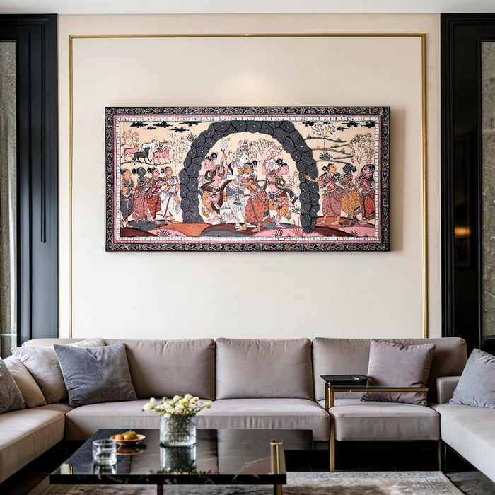 Krishna Gopi Vrindavan Pattachitra on Tussar Silk — Original Odisha Hand-Painted Bhakti Art | 21×42 Inches | Sacred Krishna Wall Art