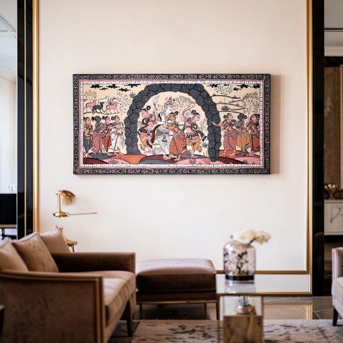 Krishna Gopi Vrindavan Pattachitra on Tussar Silk — Original Odisha Hand-Painted Bhakti Art | 21×42 Inches | Sacred Krishna Wall Art