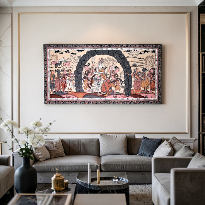Krishna Gopi Vrindavan Pattachitra on Tussar Silk — Original Odisha Hand-Painted Bhakti Art | 21×42 Inches | Sacred Krishna Wall Art