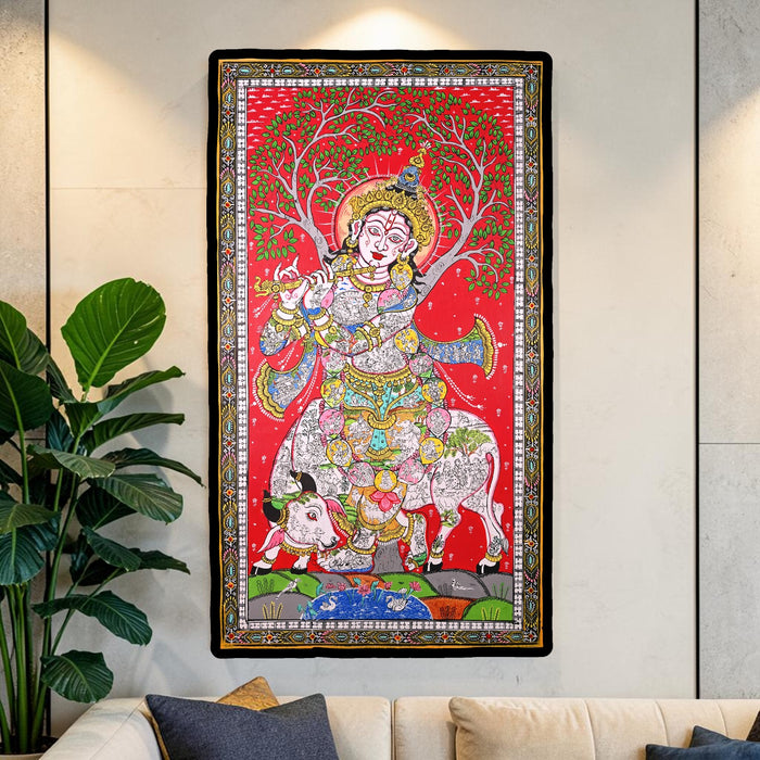 Krishna Life Story Pattachitra Painting — Original Handmade Odisha Art | 24×40 Inches | Narrative Krishna with Cow