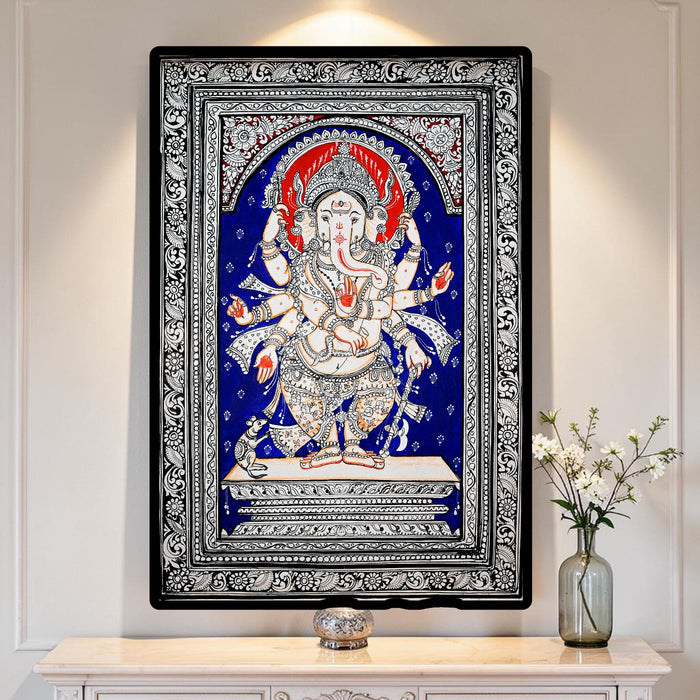 Standing Ganesha Pattachitra — Original Odisha Silver Linework on Royal Blue | 13×19 Inches | Sacred Ganesha Wall Art