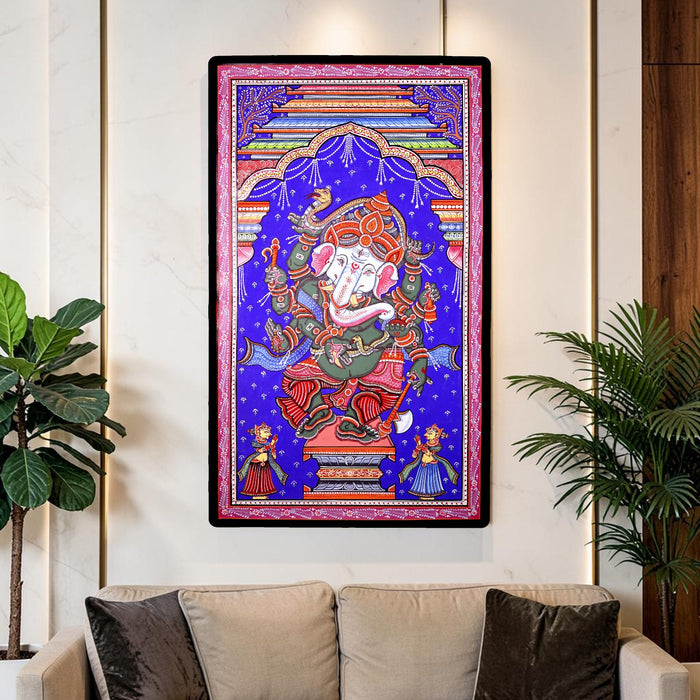 Dancing Ganesha Pattachitra Painting — Original Handmade Odisha Art | 24×40 Inches | Nritta Ganesha