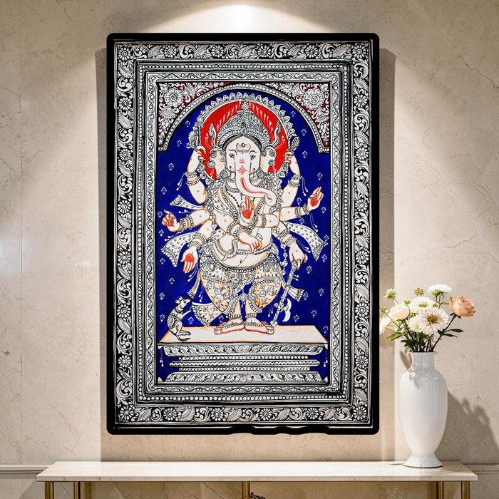 Standing Ganesha Pattachitra — Original Odisha Silver Linework on Royal Blue | 13×19 Inches | Sacred Ganesha Wall Art