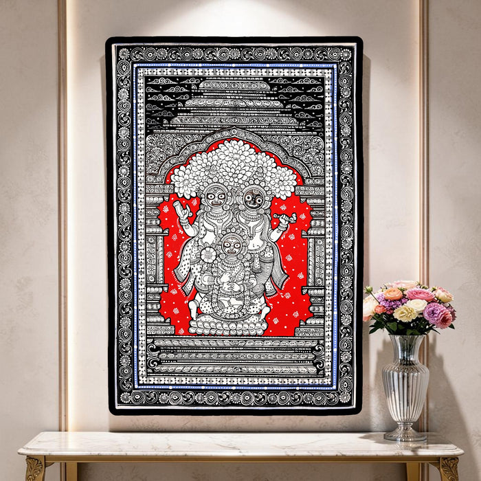 Jagannath Triad Pattachitra — Original Odisha Hand-Painted Balabhadra Subhadra Temple Art | 13×19 Inches | Sacred Puri Wall Art