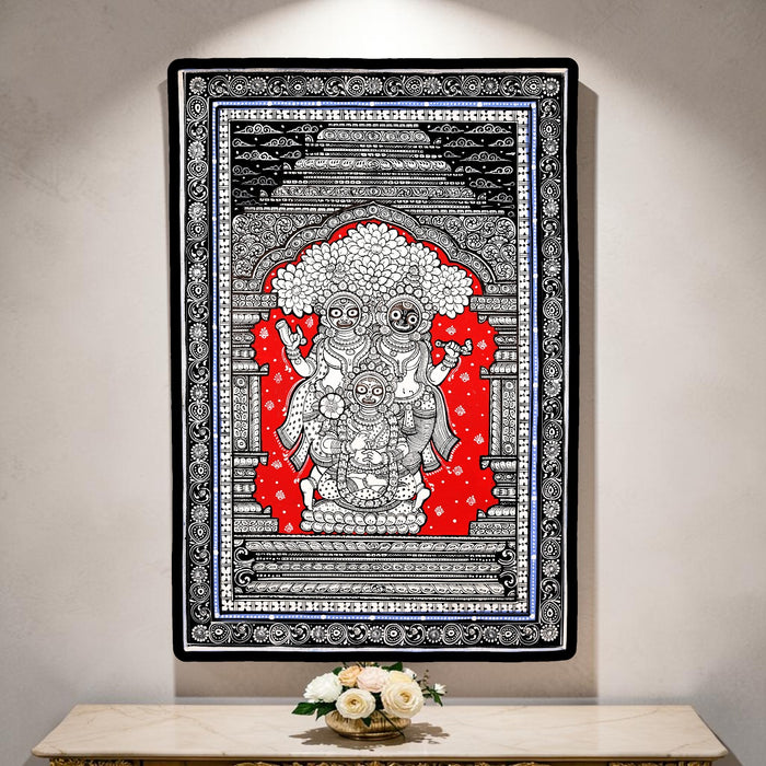 Jagannath Triad Pattachitra — Original Odisha Hand-Painted Balabhadra Subhadra Temple Art | 13×19 Inches | Sacred Puri Wall Art