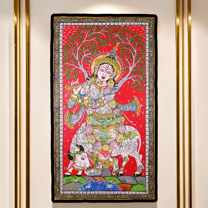 Krishna Life Story Pattachitra Painting — Original Handmade Odisha Art | 24×40 Inches | Narrative Krishna with Cow