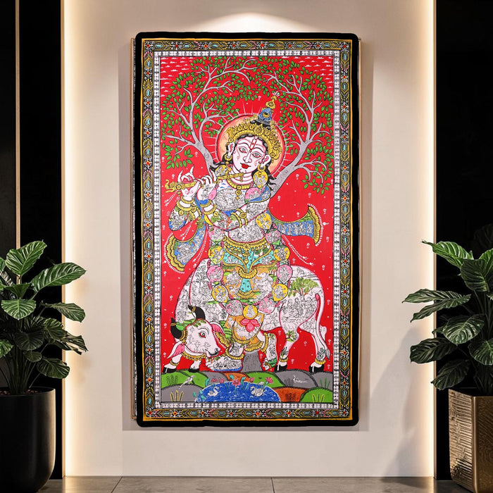 Krishna Life Story Pattachitra Painting — Original Handmade Odisha Art | 24×40 Inches | Narrative Krishna with Cow