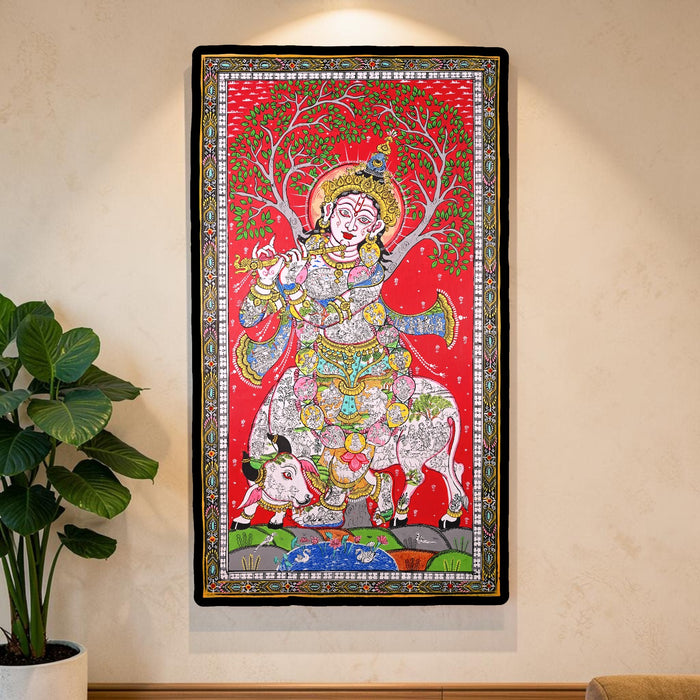 Krishna Life Story Pattachitra Painting — Original Handmade Odisha Art | 24×40 Inches | Narrative Krishna with Cow