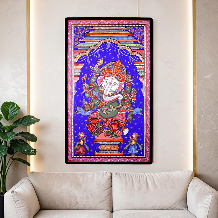 Dancing Ganesha Pattachitra Painting — Original Handmade Odisha Art | 24×40 Inches | Nritta Ganesha