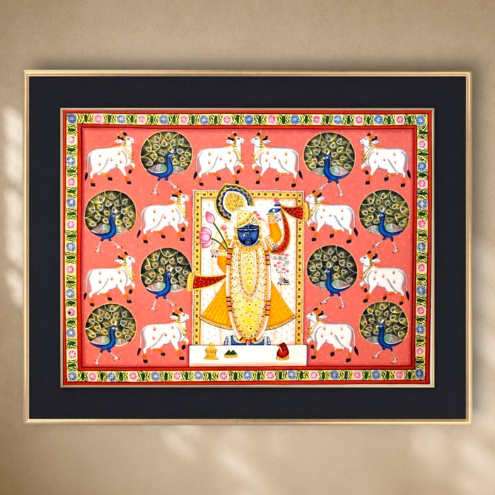 Shrinathji with Cows and Peacocks Pichwai Painting · 24×18 Inches