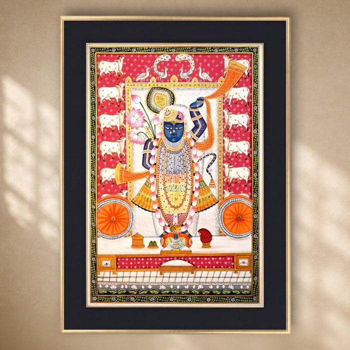 Shrinathji Pichwai Painting (Magenta Ground, Twin Peacock Crest) · 27×38 Inches