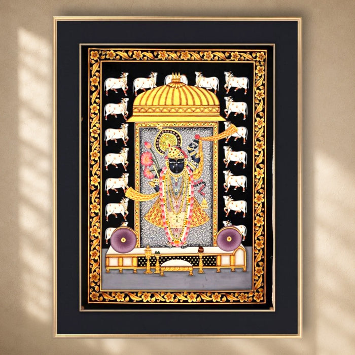 Shrinathji Pichwai Painting (Gold Dome, Black Ground) · 24×36 Inches