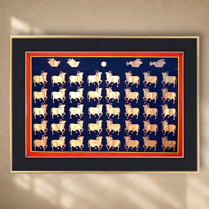 Sacred Cows Pichwai Painting (Gopashtami Grid) · 36×24 Inches