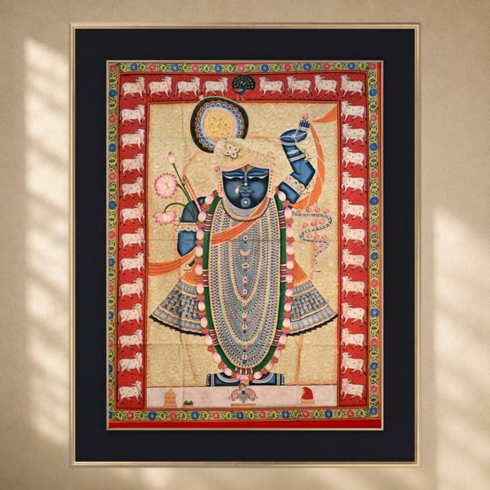 Shrinathji Pichwai Painting (Golden Ground, Red Cow Border) · 3×4 Feet
