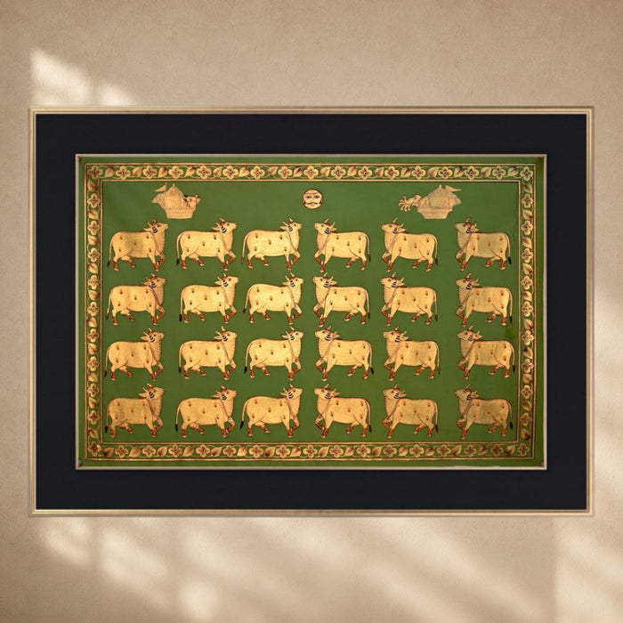 Gold Foil Cows Pichwai Painting (Olive Ground) · 36×24 Inches