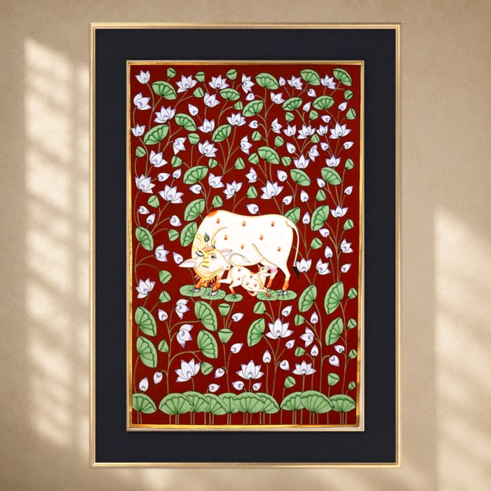 Cow and Calf Pichwai Painting (Lotus Field) · 24×36 Inches