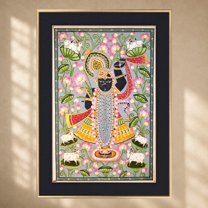 Shrinathji in the Pink Lotus Garden Pichwai Painting · 24×36 Inches
