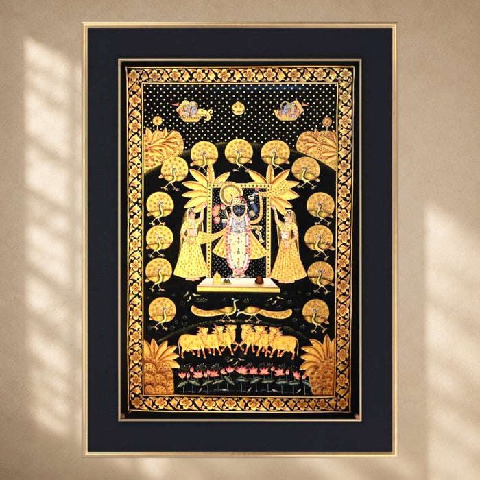 Shrinathji with Sakhis and Peacocks Pichwai Painting (Gold on Black) · 24×36 Inches