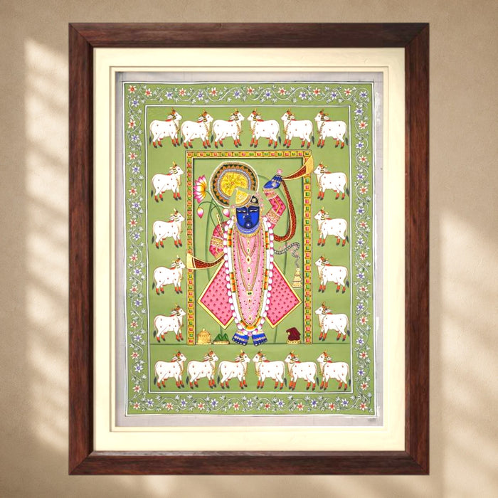 Shrinathji in the Emerald Cow Pasture Pichwai Painting · 36 by 48 Inches