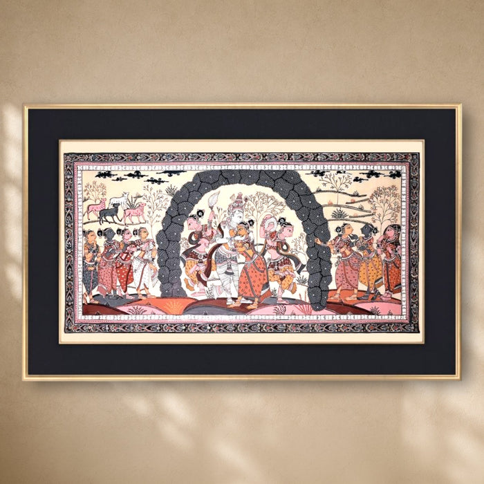 Krishna Gopi Vrindavan Pattachitra (Silk) · 21×42 Inches