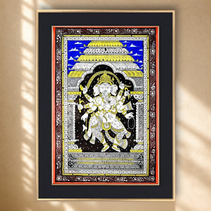 Nritya Ganapati Pattachitra (Black Ground) · 13×19 Inches