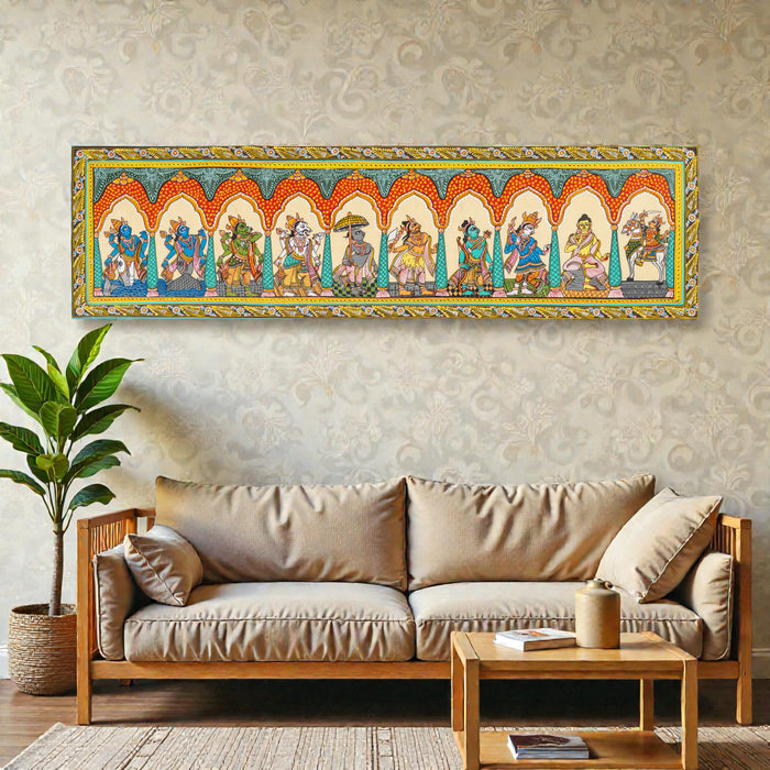 Dashavatar Pattachitra on Silk — Original Odisha Hand-Painted Temple Art | 41×12 Inches | Vishnu Ten Avatars