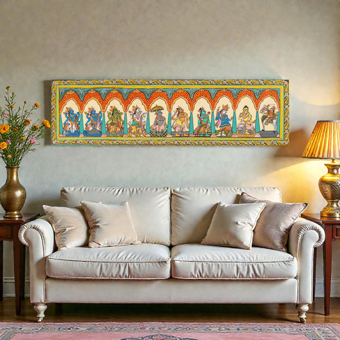 Dashavatar Pattachitra on Silk — Original Odisha Hand-Painted Temple Art | 41×12 Inches | Vishnu Ten Avatars
