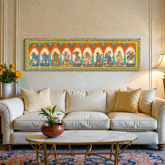 Dashavatar Pattachitra on Silk — Original Odisha Hand-Painted Temple Art | 41×12 Inches | Vishnu Ten Avatars
