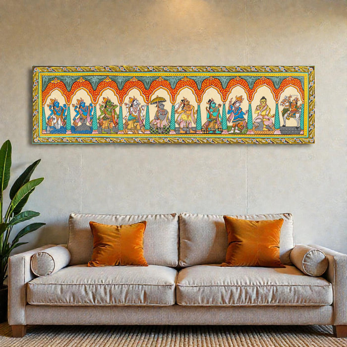 Dashavatar Pattachitra on Silk — Original Odisha Hand-Painted Temple Art | 41×12 Inches | Vishnu Ten Avatars