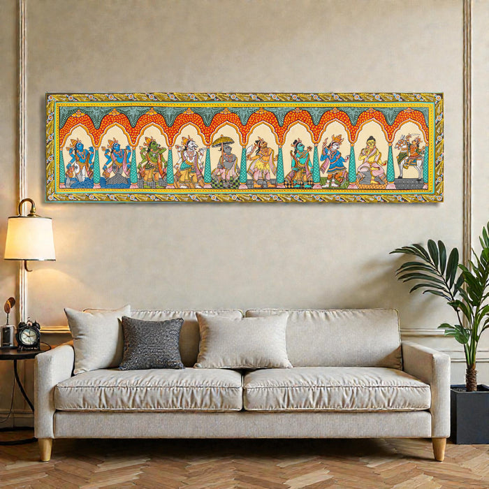Dashavatar Pattachitra on Silk — Original Odisha Hand-Painted Temple Art | 41×12 Inches | Vishnu Ten Avatars