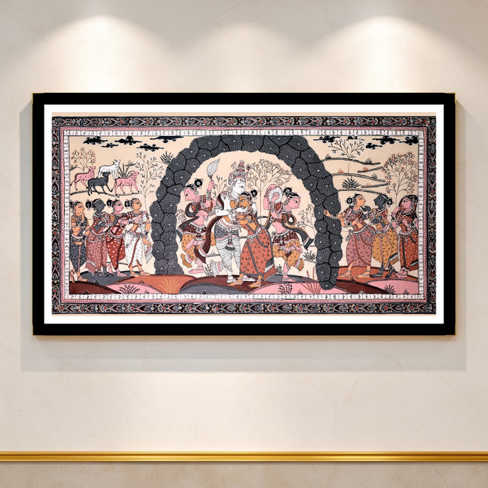 Krishna Gopi Vrindavan Pattachitra on Tussar Silk — Original Odisha Hand-Painted Bhakti Art | 21×42 Inches | Sacred Krishna Wall Art
