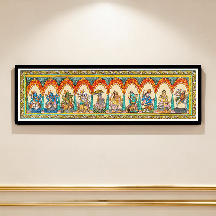 Dashavatar Pattachitra on Silk — Original Odisha Hand-Painted Temple Art | 41×12 Inches | Vishnu Ten Avatars