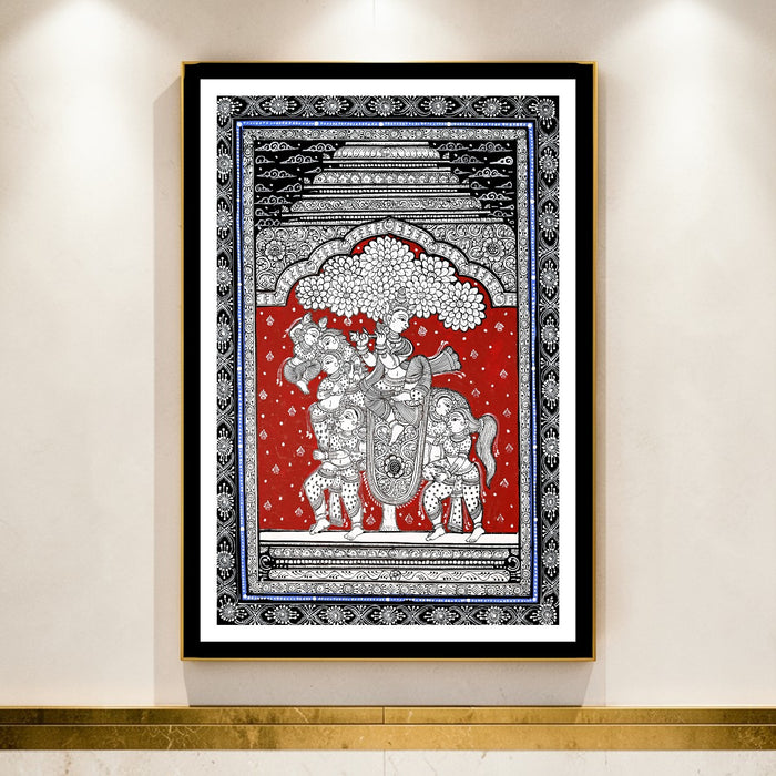Krishna Gopi Ashwa Pattachitra — Original Odisha Hand-Painted Horse Composition Art | 13×19 Inches | Rare Krishna Wall Art
