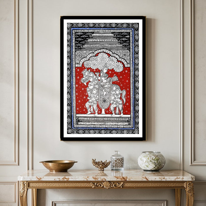 Krishna Gopi Ashwa Pattachitra — Original Odisha Hand-Painted Horse Composition Art | 13×19 Inches | Rare Krishna Wall Art
