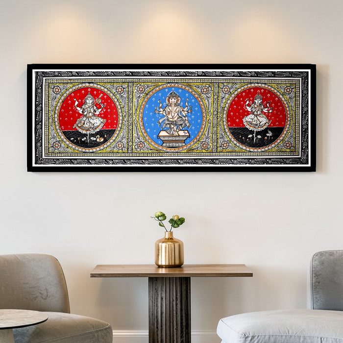 Saraswati Ganesha Lakshmi Pattachitra — Original Odisha Hand-Painted Temple Art | 42×15 Inches | Sacred Trinity Wall Art