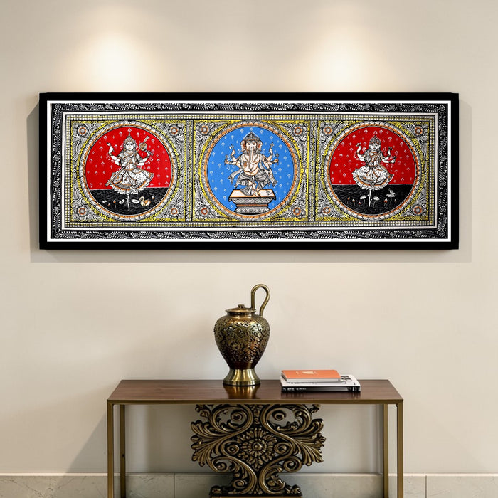 Saraswati Ganesha Lakshmi Pattachitra — Original Odisha Hand-Painted Temple Art | 42×15 Inches | Sacred Trinity Wall Art