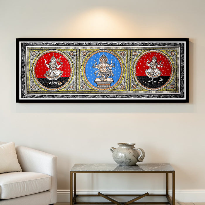 Saraswati Ganesha Lakshmi Pattachitra — Original Odisha Hand-Painted Temple Art | 42×15 Inches | Sacred Trinity Wall Art