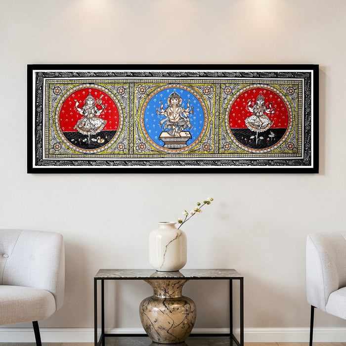 Saraswati Ganesha Lakshmi Pattachitra — Original Odisha Hand-Painted Temple Art | 42×15 Inches | Sacred Trinity Wall Art