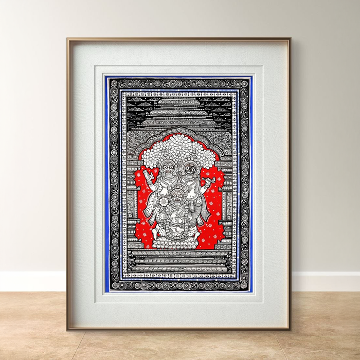 Jagannath Triad Pattachitra — Original Odisha Hand-Painted Balabhadra Subhadra Temple Art | 13×19 Inches | Sacred Puri Wall Art