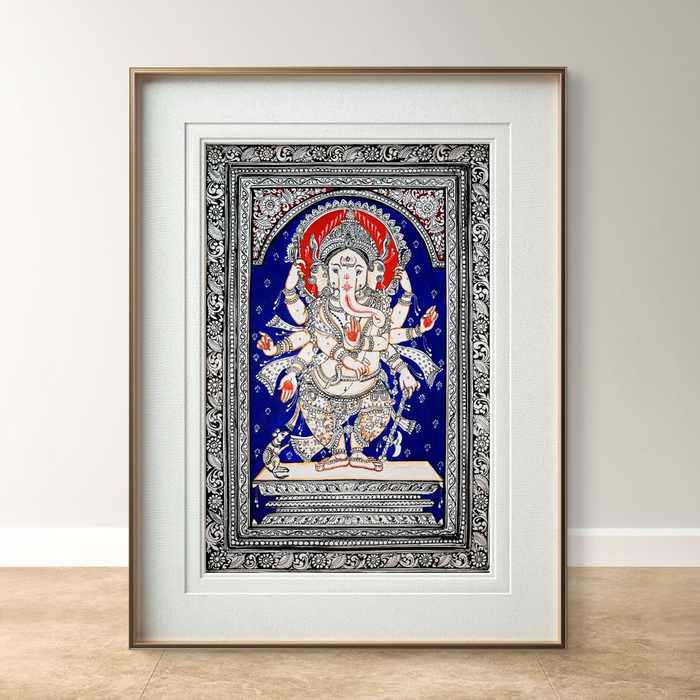 Standing Ganesha Pattachitra — Original Odisha Silver Linework on Royal Blue | 13×19 Inches | Sacred Ganesha Wall Art