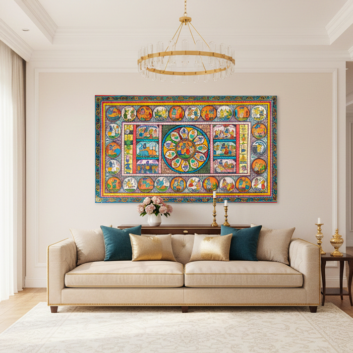 Original Pattachitra Painting – The Divine Life of Lord Krishna | 42 x 24 Inches | Hand-Painted Traditional Odisha Art